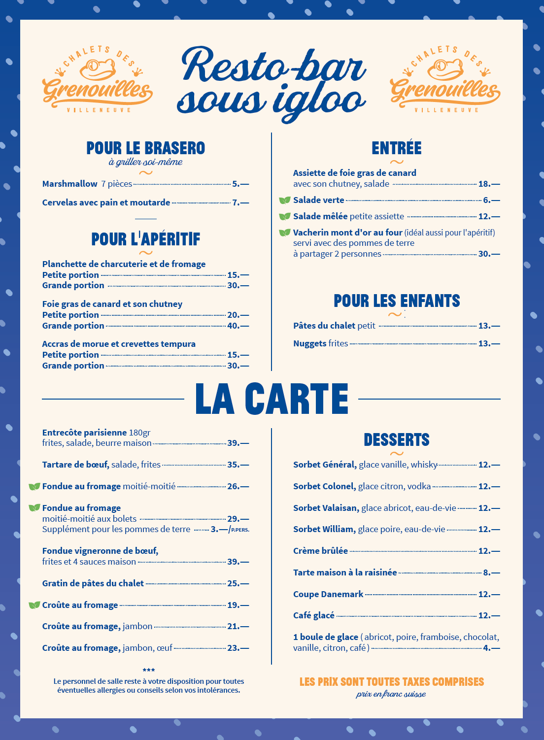 Menu resto-bar sous igloo